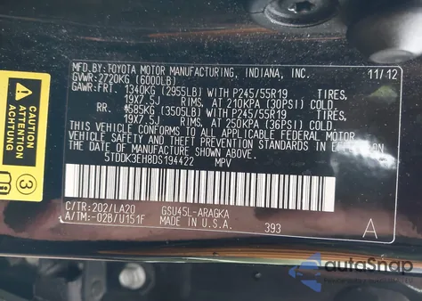 2013 Toyota Highlander Limited V6 z USA, uszkodzony, nr VIN 5TDDK3EH8DS194422